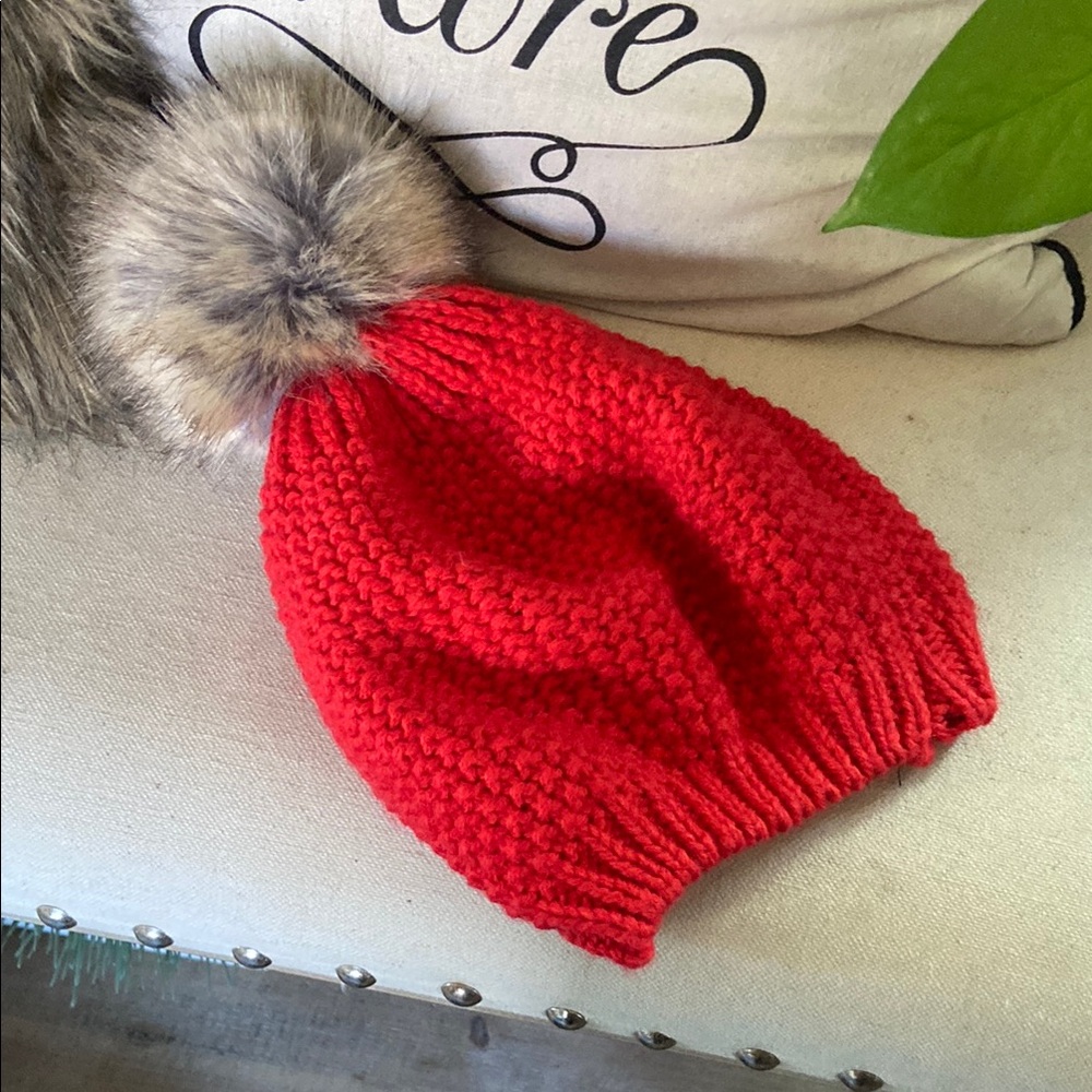 Red Knit Beanie with Faux Fur Pom
